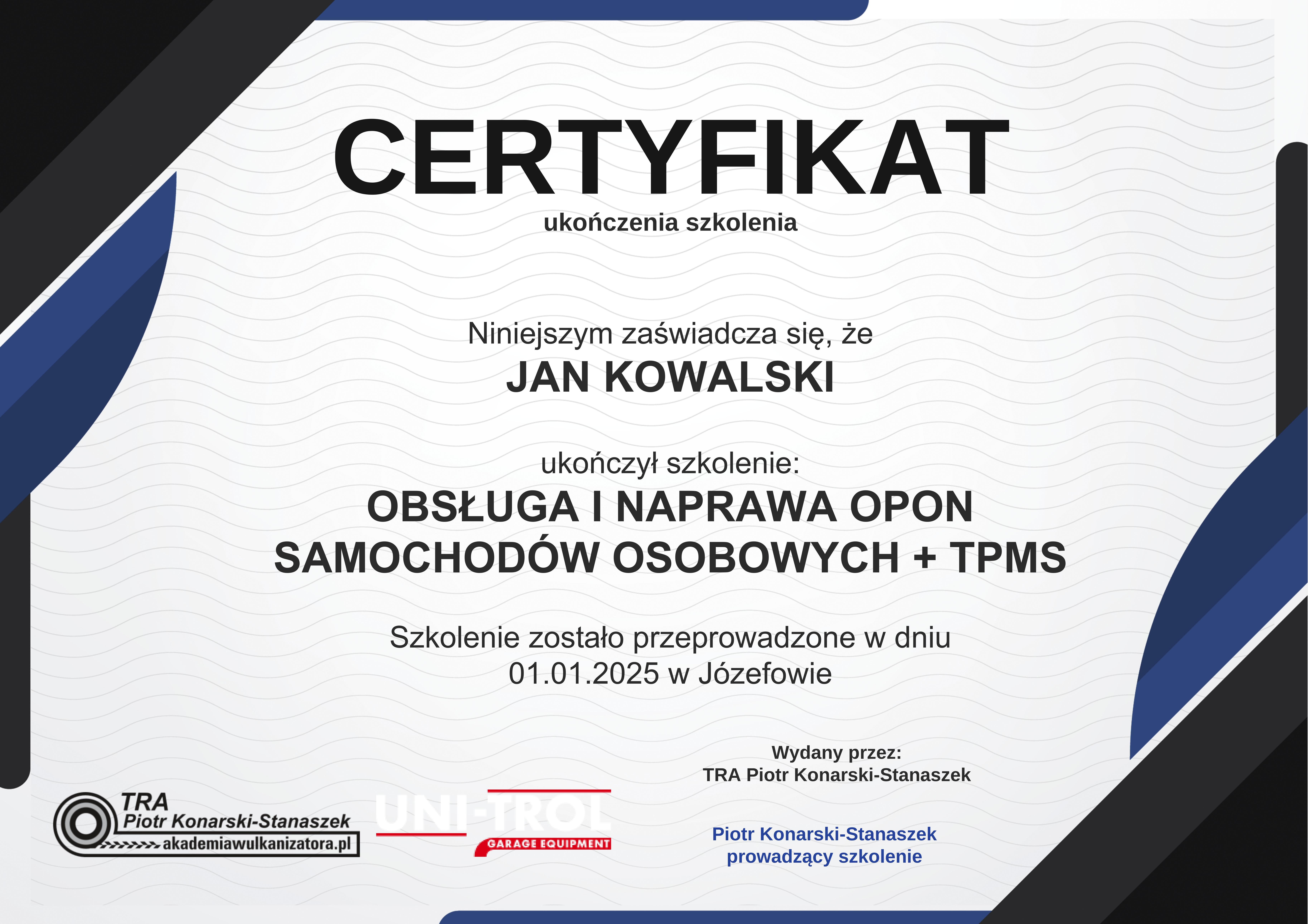 Wzór certyfikatu ukończenia szkolenia Akademii Wulkanizatora